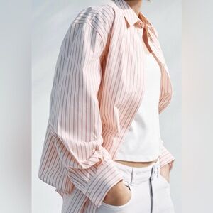 Zara Pink & Red Striped Cotton Button-Up Blouse | L | Shorter in Back | NWT